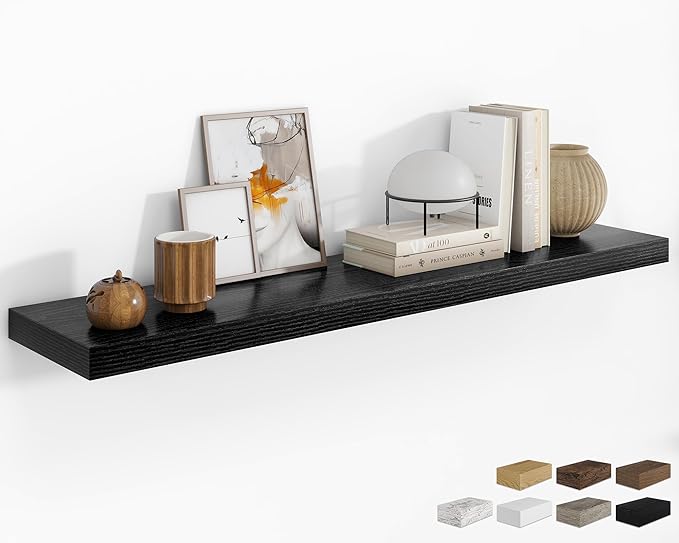 RICHFOCUS 55Inch Floating Shelves for Wall 1 Pack Shelves for Bedroom|Kitchen|Bathroom Wall Mounted Rustic Wood Floating Shelf with Invisible Brackets for Books|Storage|Decor, Black-Ruum Studio Home