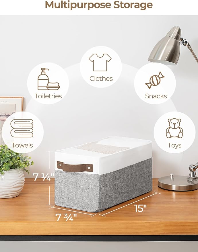 StorageWorks Narrow Storage Bins, Small Basket for Closet and Shelves, Rectangular Fabric Organizer with Handles, Toilet Paper Storage, Gray and White Stripes, 2-Pack-Ruum Studio Home