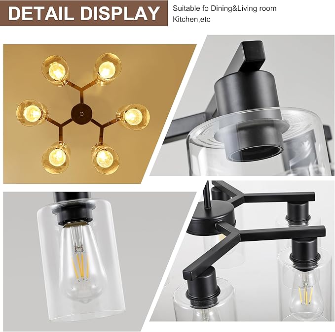 6-Light Modern Farmhouse Black Chandelier, Dining Room Light Fixture Over Table Adjustable Height Hanging Industrial Pendant Lights Kitchen Island, Clear Glass Shade-Ruum Studio Home