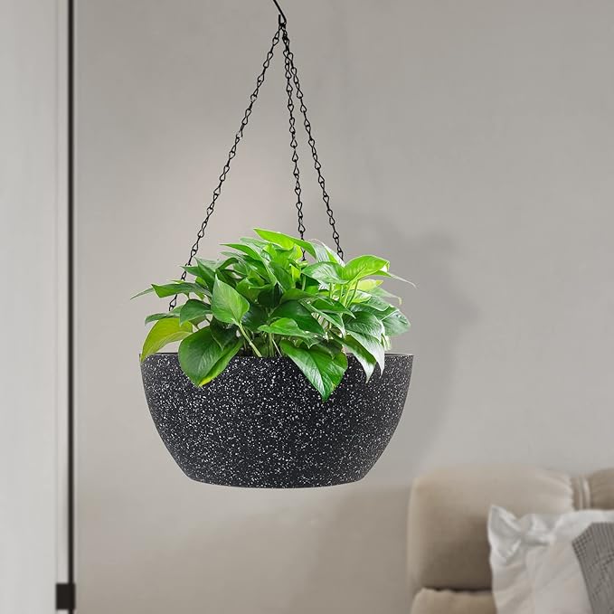 13 inch Large Hanging Planters Plant Pots for Outdoor Indoor Plants with Drainage Holes and Chain, 2 Pack Round Hanging Flower Pots for Garden Home Porch Decor, Speckled Black-Ruum Studio Home