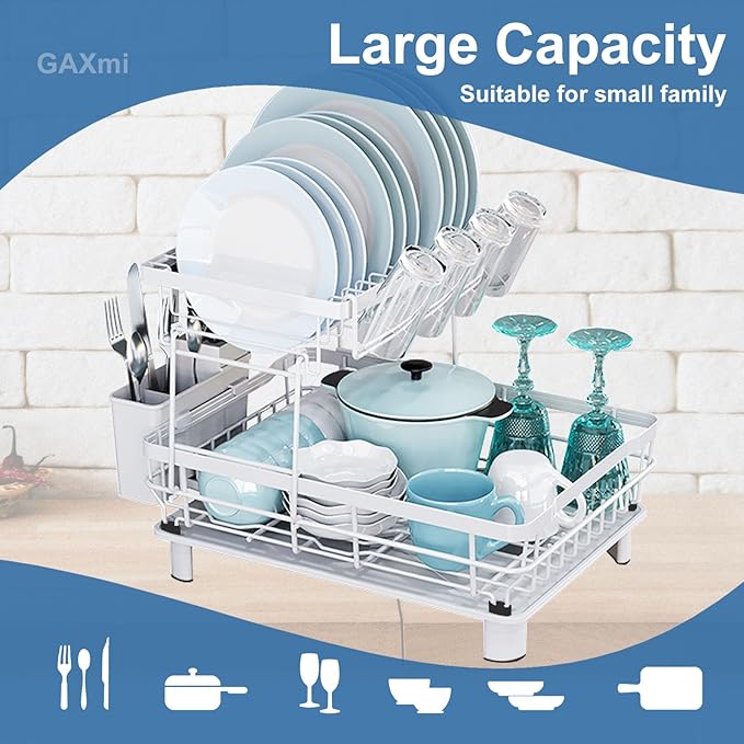 GAXmi Dish Drying Rack Over The Sink Drainer with Drainboard Utensil Holder Cup Holder, 2-Tier White-Ruum Studio Home