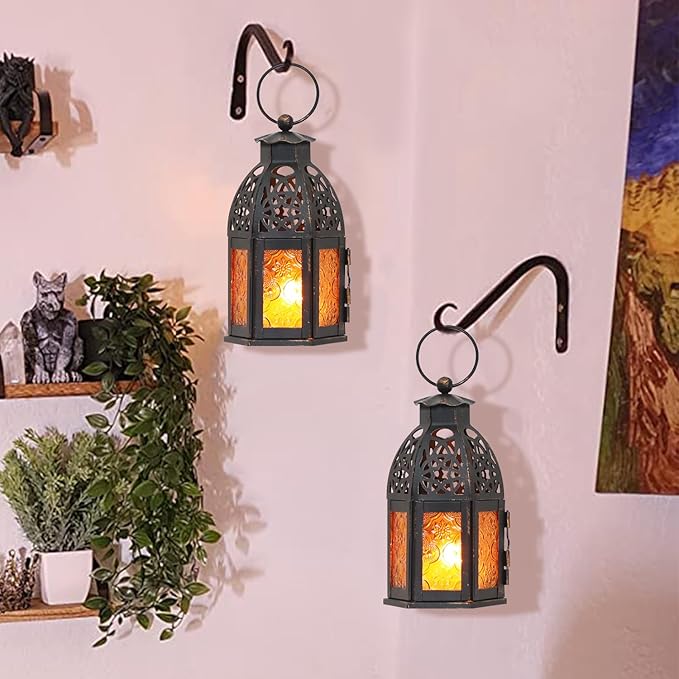 NEEDOMO Set of 4 Moroccan Candle Lantern, 9" Ramadan Lanterns Decorative Indoor Outdoor, Vintage Candle Holder for Chritsmas, Halloween, Table, Patio, Porch, Shelf, Ramadan Decorations (Amber)-Ruum Studio Home