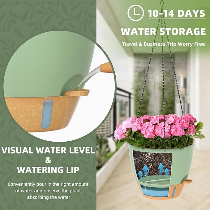 ZMTECH 12 Inch Hanging Planters for Indoor Outdoor Plants, 2 Pack Self Watering Hanging Plant Pots with Drainage Hole, Visual Reservoir, Plastic Flower Hanging Pots with Watering Lip (Green)-Ruum Studio Home