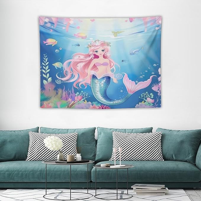 HZOHNAGO Mermaid Girls Tapestry Watercolor Mermaid Princess Pattern Printed Wall Tapestry Wall Hanging for Bedroom Living Room Dorm 40" W x 30" H-Ruum Studio Home