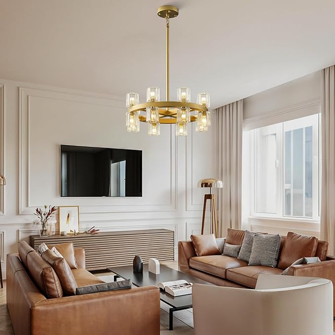 Gold Chandelier Light Fixture Kitchen and Dining, 16-Lights Modern Chandeliers for Dining Room, 18" Farmhouse Kitchen Pendant Lights Over Table, Crystal Wagon Wheel Chandelier(Bulbs Included)-Ruum Studio Home