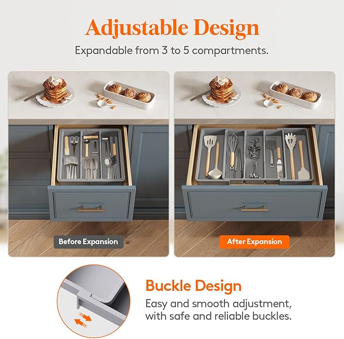Lifewit Utensil Organizer for Kitchen Drawers, Expandable Cooking Utensil Tray, Adjustable Cutlery Silverware Flatware Holder, Plastic Kitchen Spatula Tools and Gadgets Storage Divider, Large, Gray-Ruum Studio Home