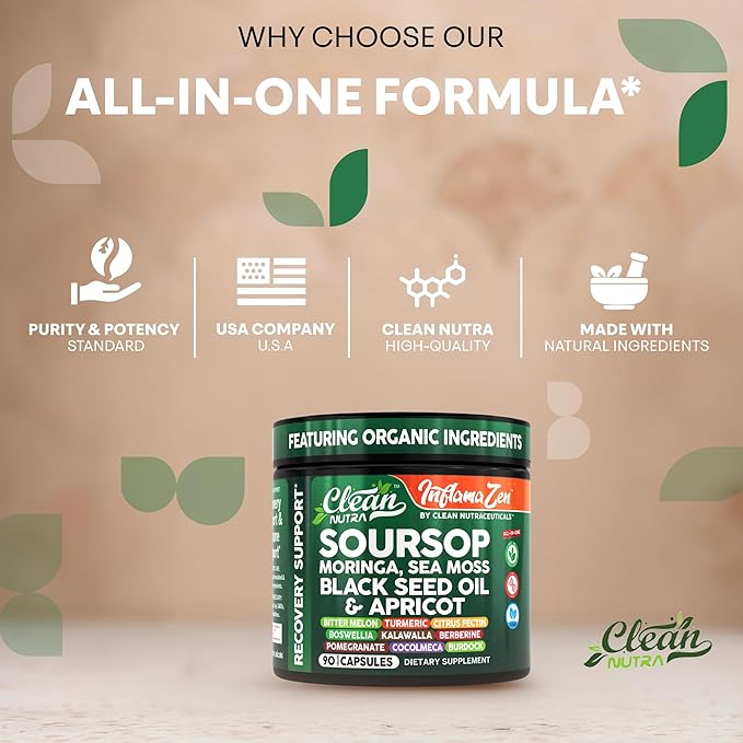 Clean Nutra Soursop Supplement Moringa Sea Moss Black Seed Oil Berberine Turmeric Resveratrol Quercetin Greens Bitters Boswellia Bitter Melon Burdock Root Antioxidant Support 90 Capsules-Ruum Studio Home