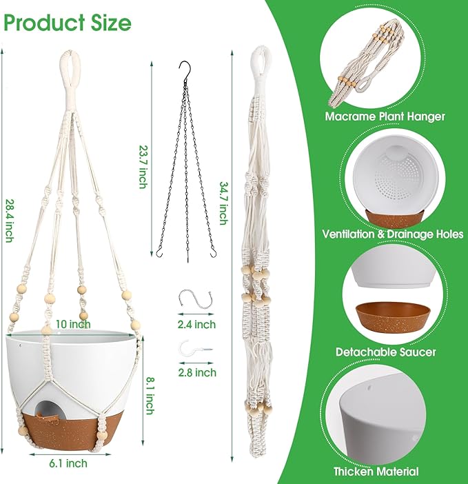 Hanging Planters for Indoor Outdoor Plants, 2 Pack Self Watering Hanging Pot with Drainage Holes, Removable Tray & 2 Kinds of Plant Hangers, 10'' Hanging Flower Pots for Home Garden Decor, White-Ruum Studio Home