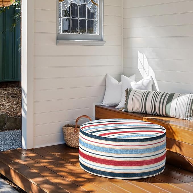 Inflatable Ottoman Stool D31 xH14 for Outdoor/Indoor Use, Water Repellent Patio Foot Rest Stool with Portable Handle,Round Pouf Ottoman Suitable for Garden,Deck and Camping - Stripe Red Blue-Ruum Studio Home