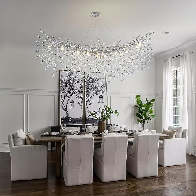 Modern Crystal Silver Chandelier, 55" Large Rectangular Oval Tree Branch Crystal Chandeliers for Dining Room,16-Light Flush Mount K9 Crystal Chandeliers, for Kitchen Island,Dining Room-Ruum Studio Home