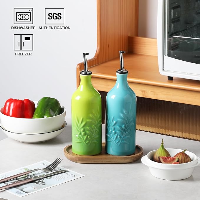 Sweejar Ceramic Olive Oil Dispenser Bottle, 20 Oz Relief Opaque Oil Cruet Protects To Reduce Oxidation, Suitable for Storage, Vinegar, Soy Sauce,Liquids,Set of 2 (Gradient Blue Gradient Green)-Ruum Studio Home