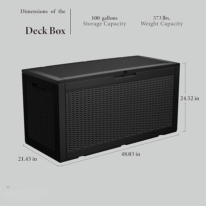 100 Gallon Resin Deck Box, Waterproof Outdoor Storage Bin for Patio Furniture, Pool Accessories, and Garden Tools, Lockable & UV-Resistant, Black-Ruum Studio Home