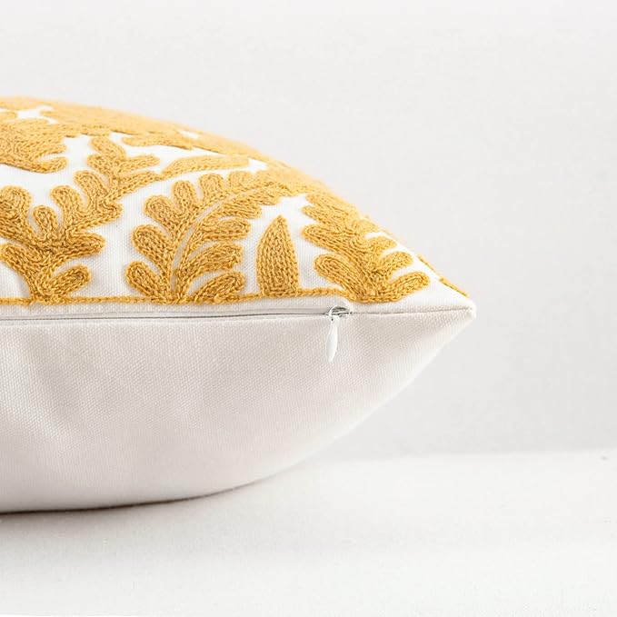 HWY 50 Mustard Yellow Decorative Throw Pillow Covers 18x18 Inch, Pack of 2 Embroidered Cotton Farmhouse Cushion Cover Pillow Case for Sofa Couch Living Room Bed Bedroon, Accent Branches-Ruum Studio Home
