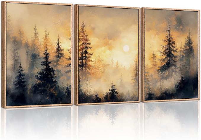 HLNIUC Golden Sunshine Forest Framed Canvas Wall Art,Foggy Forest Pine Tree Wall Decor,Large Sunset Landscape Art Print,Natural Misty Mountain Forest Wall Painting for Living Room,Bedroom - 16”x24”x3-Ruum Studio Home