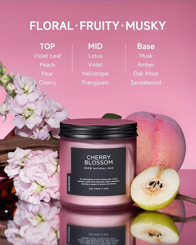 M&SENSE Cherry Blossom Scented Spring Candle, 70 Hours Long Lasting Soy Wax 11.6oz Stress Relief Aromatherapy Candles, Romantic Gifts for Women, Glass Jar for Bedroom Decor-Ruum Studio Home