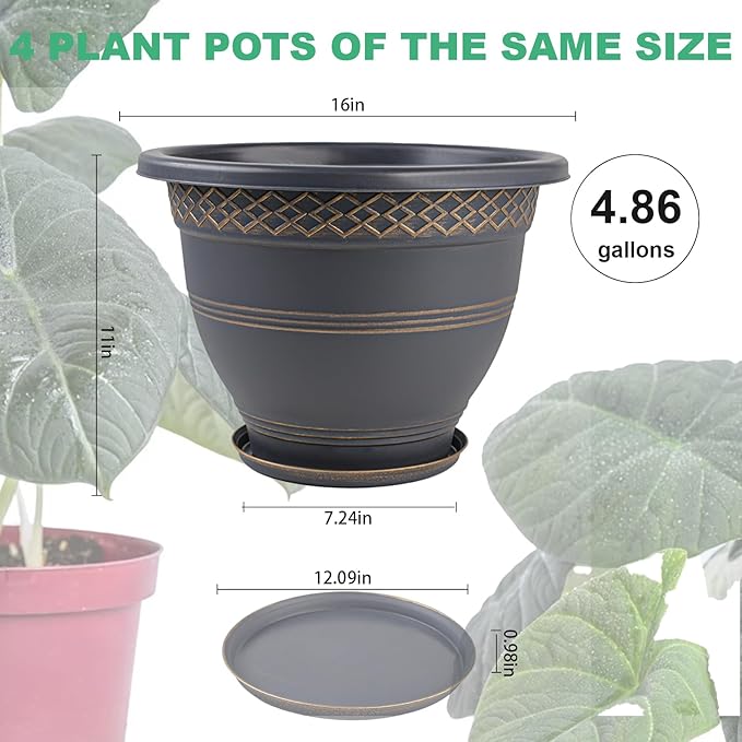 4 Pack 16 Inch Large Plant Pots, Plastic Flower Pot for Indoor & Outdoor with Drainage Holes & Saucer, Plaid Pattern Planters Garden Pots for Herbs Gold-Ruum Studio Home