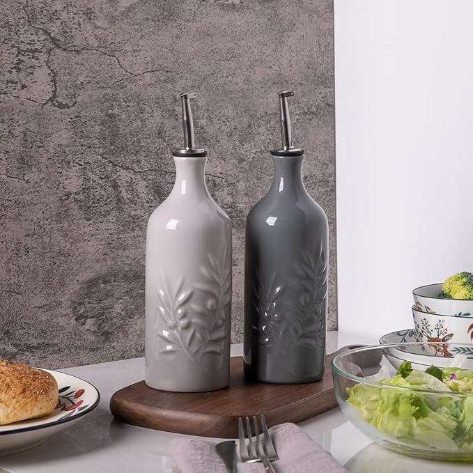 Sweejar Ceramic Olive Oil Dispenser Bottle, 20 Oz Relief Opaque Oil Cruet Protects Oil To Reduce Oxidation, Storage Vinegar, Soy Sauce, Coffee Syrup, Liquids, Set of 1 (Gradient Fog Gray)-Ruum Studio Home