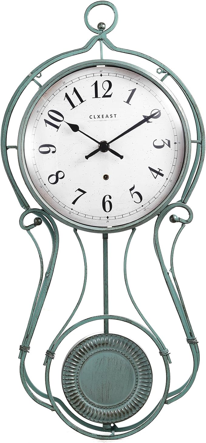 CLXEAST 20 Inch Metal Pendulum Wall Clock Battery Operated,Large Schoolhouse Wall Clocks for Living Room Decor,Antique Aged Teal Green Finish,House Warming Gifts New Home-Ruum Studio Home
