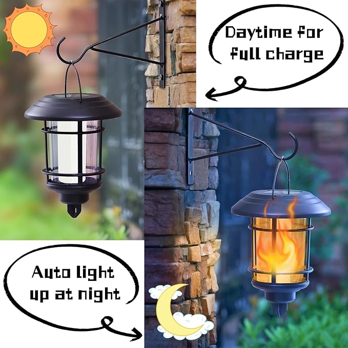 Dynaming Solar Flame Wall Lanterns, Outdoor Solar Wall Hanging Lights, Flickering Flame LED Lights Auto On/Off Wall Mounted Sconce Lights with Hooks, Waterproof for Garage Stair Patio Porch, 2 Pack-Ruum Studio Home