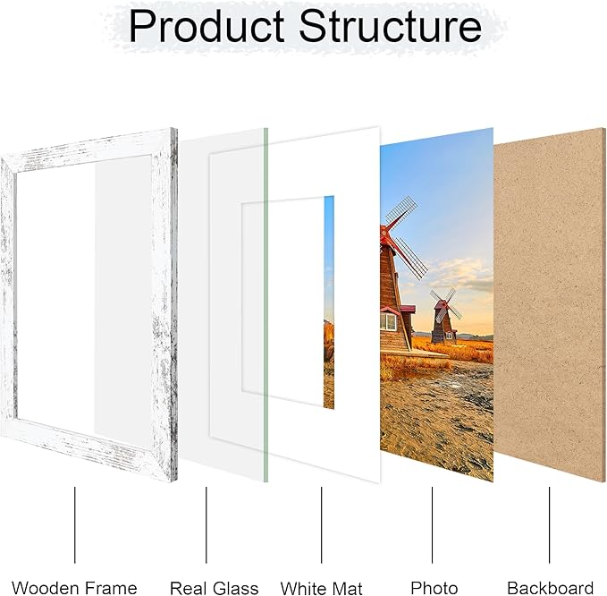 8x10 Picture Frame Set of 4, 8 x 10 Wood Photo Frames with Mat for 5x7, Rustic Natural Wooden Frame with Real Glass Cover for Wall and Tabletop Display,Distressed White-Ruum Studio Home