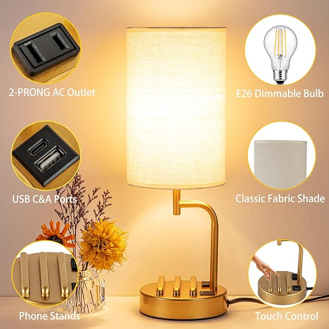 Dreamholder Touch Control USB Table Lamp, Upgraded 3-Way Dimmable Bedside Desk Lamp with USB C & A Charging Ports and AC Outlet, Nightstand Lamp for Bedroom, Dimmable Bulb Included, Gold-Ruum Studio Home