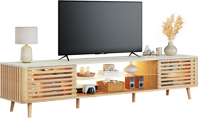 70" Mid Century Modern TV Stand for 55/65/75 Inch TV, Faux Marble Top Entertainment Center with Slatied Sliding Door & LED Lights, Low TV Console with Glass Shelves for Bedroom, Living Room-Ruum Studio Home