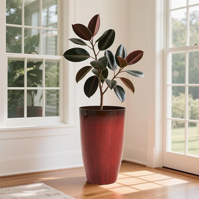 Worth Garden 20" H. Plastic Planters - Set of 2 Gradient Red Glossy Smooth Finish - Tall Plant Pots Drain Hole for Indoor Outdoor Use - Decorative Lightweight Flower Pots for Front Porch, Patio, Deck-Ruum Studio Home