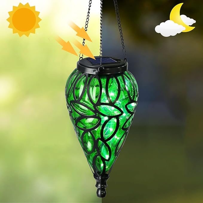 SUNNYPARK Outdoor Plastic Solar Hanging Lantern, 15 Cool White LEDs Twinkle Effect Tear-Shaped Hanging Lantern Decor Garden Decorative Solar Lights for Backyard, Patio and Lawn-Ruum Studio Home