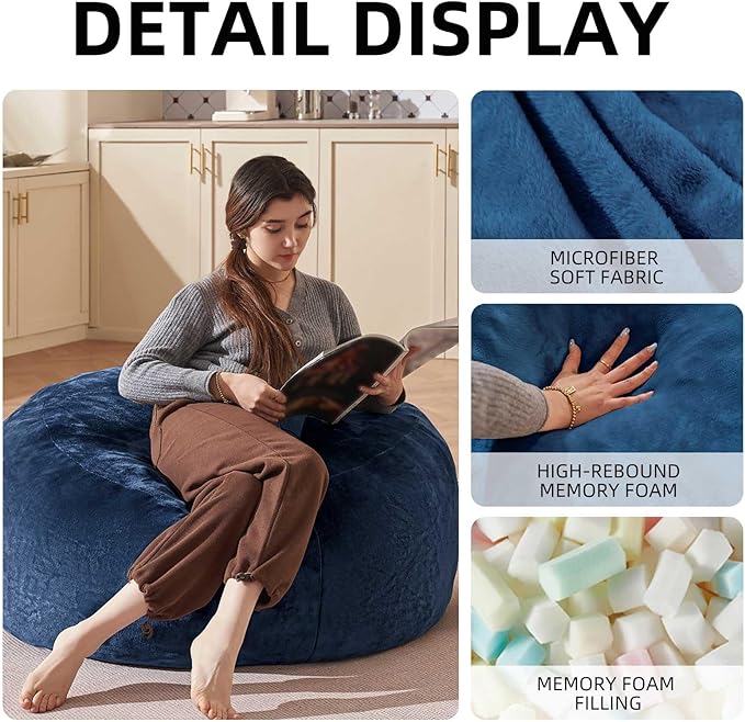 Bean Bag Chair 3Ft, Memory Foam Filled, Large Beanbag Chairs for Adults and Teens, Soft Sofa with Removable Flannel Cover, Round Couch for Living Room Bedroom College Dorm (Blue, 3FT-36×36"×24")-Ruum Studio Home