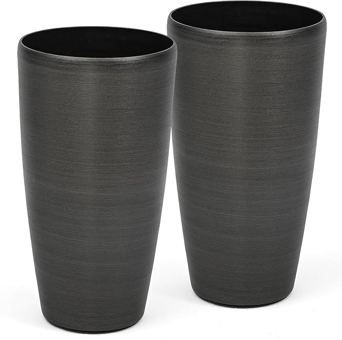 22.8" Resin Planters for Outdoor Plants, Set of 2 Modern Large Flower Pots with Handmade Brushed Metal Finish, Weather Resistant for Indoor/Outdoor Year-Round Use-Ruum Studio Home