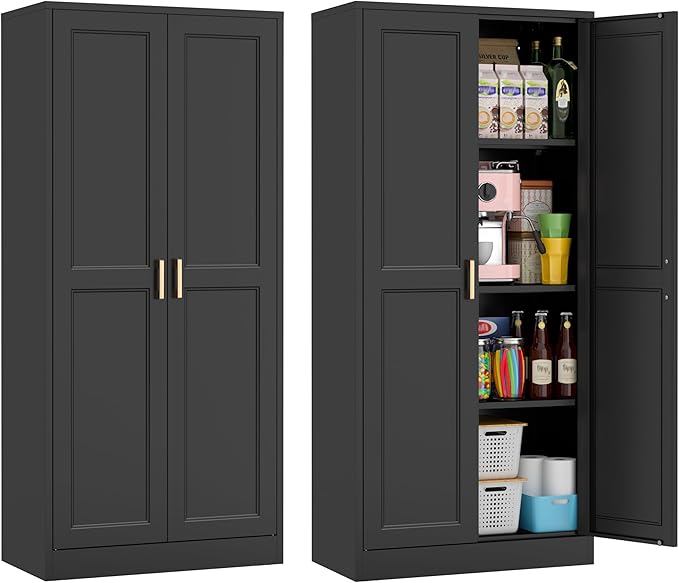 60" Tall Metal Pantry Cabinet, Black Kitchen Pantry Storage Cabinet with Doors and 3 Adjustable Shelves, Cupboard for Kitchen, Dining Room, Living Room, Bathroom-Ruum Studio Home