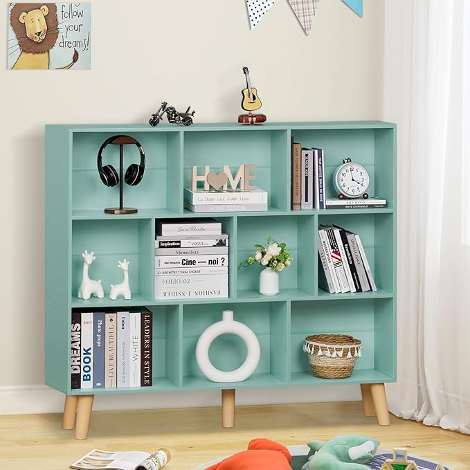 LEYAOYAO 10 Cube Bookshelf,3 Tier Modern Wide Bookcase with Legs,Mid-Century Wood Bookshelves Storage,Mint-Green Large Book Case,Freestanding Organizer Display Shelf for Bedroom,Living Room,Office-Ruum Studio Home