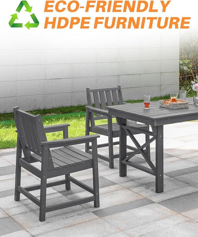 Patio Dining Chair Set of 2, HDPE Outdoor Dining Chair, Ergonomic HDPE Dining Chairs with Deep Seating, All Weather Outdoor Chairs Furniture for Backyard, Deck, Garden, Poolside, Smoke Gray-Ruum Studio Home