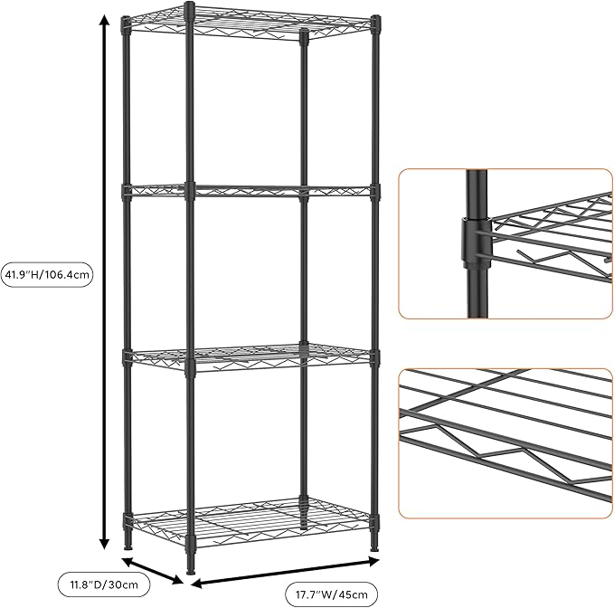 4 Tiers Shelf Metal Storage Shelves Wire Rack Closet Organizers with Wheel for Garage Kitchen Bathroom Laundry Black 11.8" D x 17.7" W x 41.9" H-Ruum Studio Home