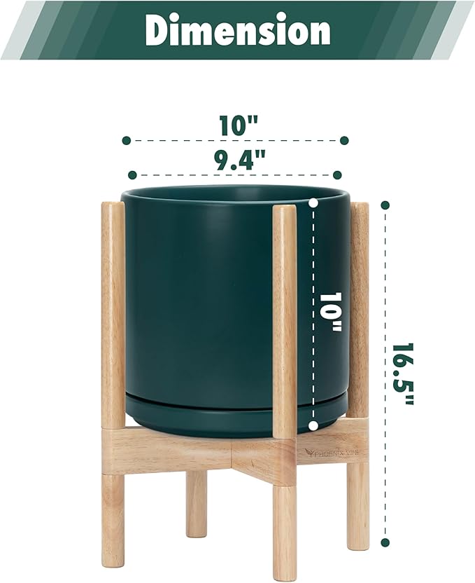 D'vine Dev Ceramic Planter with Natural Stand - 10 Inch Modern Round Flower Pot with Wood Planter Holder, Teal, 55-B-K-4-Ruum Studio Home