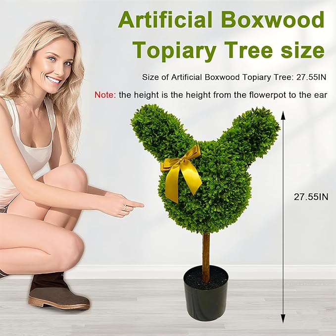 2 Pcs Artificial Bunny Shaped Topiary Trees, Artificial Green Boxwood Bunny Decorations with Gold Bow, Perfect for Indoor & Outdoor Front Porch, Easter& Garden Decor (Bunny Shaped Topiary Tree)-Ruum Studio Home