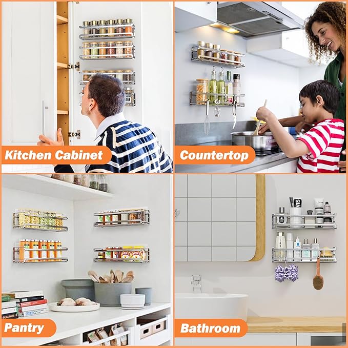 Spice Rack wall mounted 2 Pack, Space-Saving Spice Organizer for Spice Jars and Seasonings,Screw or Adhesive Hanging Spice Rack Organizer for Your Kitchen Cabinet,or Pantry Door,Silver-Ruum Studio Home