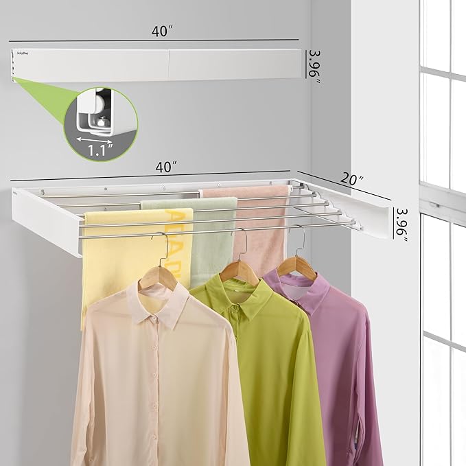Wall Mounted Laundry Drying Rack, Retractable Clothes Drying Rack for Bathroom with Wall Template, 5 Stainless Rods Heaving 60 lb Capacity (White, 40")-Ruum Studio Home