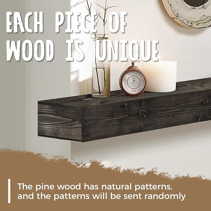 56x8x3 Fireplace Mantel - Handcrafted Hollow Rustic Solid Wood Wall Mounted Floating Shelf with Invisible Heavy Duty Wood Bracket (Weathered Black)-Ruum Studio Home