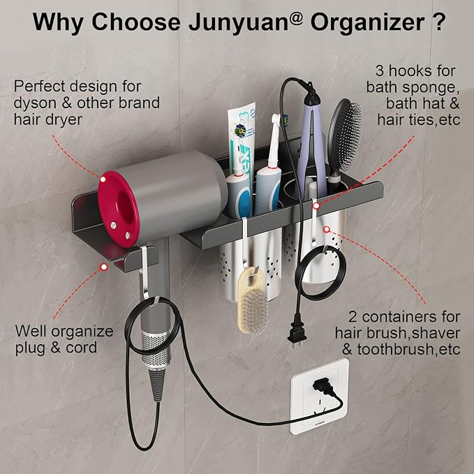 junyuan Hair Tool Organizer Wall Mount,Self Adhesive Hair Dryer Holder for Bedroom & Bathroom,Blow Dryer Holder for Dyson Hair Dryer,Stainless Steel Cups for Medium or Small Bathroom Storage 4" Width-Ruum Studio Home