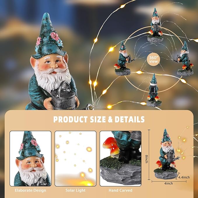 Solar Gnome Statue for Garden with Watering Can Light 8" Resin Gnome Figurines Outdoor Paito Yard Porch Decor Birthday Housewarming Gnomes Gifts for Women Mom Grandma Wife Sister-Ruum Studio Home