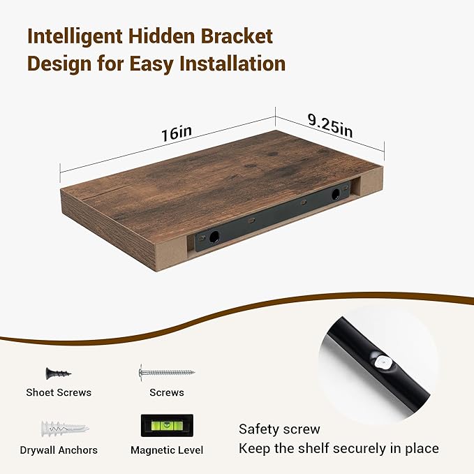 16 Inch Floating Shelves, 16"x9.25"x1.5" Inch Deep Floating Shelves for Wall, Wooden Shelves for Bathroom, Bedroom, Living Room, Brown-Ruum Studio Home