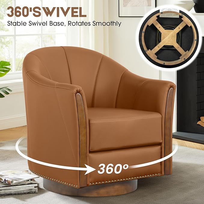 360° Swivel Accent Chair, Modern Leather Barrel Club Chair with Leather Upholstery and Sturdy Wood Base, Comfortable Armchair for Living Room, Bedroom, Reading Nook, Brown-Ruum Studio Home