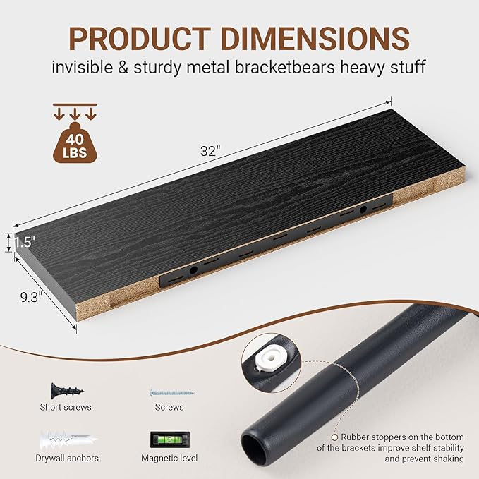 Heimlove 32 Inch Floating Shelves for Wall,Black 9.3" Deep Floating Shelf Set of 2,Wall Mounted Shelves for Bathroom Bedroom Living Room Kitchen Office,Shelf for Books Storage Room,Home Decor-Ruum Studio Home