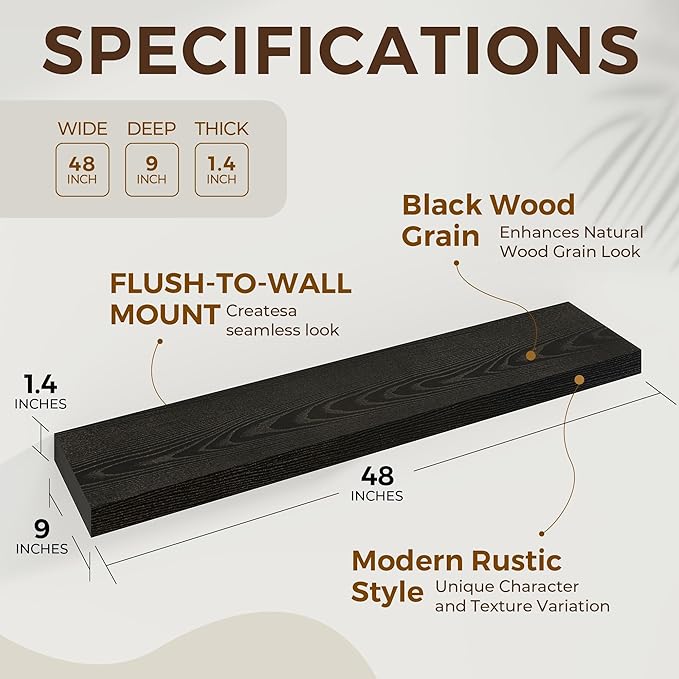 48 inch Floating Shelves for Wall Large Wall Mounted Shelves with Invisible Brackets, Black Long Shelves for Bathroom, Living Room, Kitchen, Office, 48x9.1 inch deep Set of 2-Ruum Studio Home