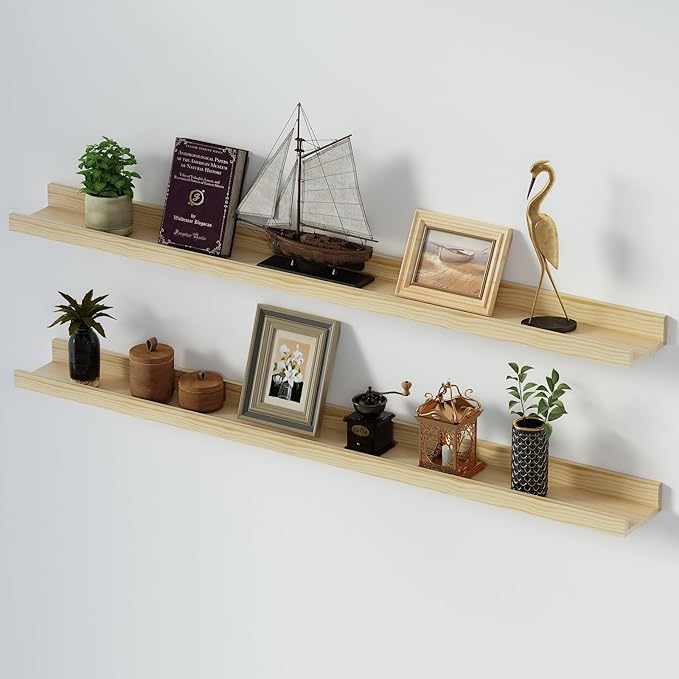 SAUMONIERES Picture Ledge Shelf Floating Book Shelves Set of 2 Wall Mounted Solid Wood for Bedroom Bathroom Living Room Kitchen, 48 Inch Natural-Ruum Studio Home
