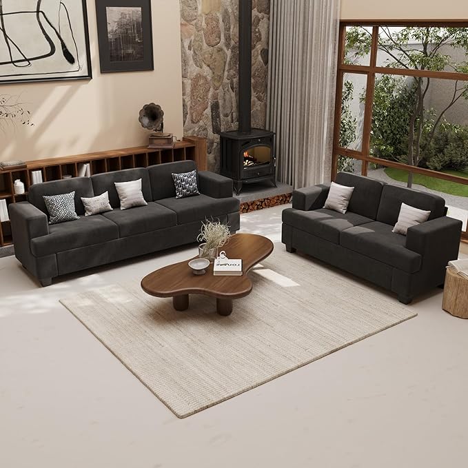 2 Piece Set Comfy Sofa Couch, 3 Seater & Loveseat Sofa with Deep Seats, Modern Sleeper Couch for Living Room, Dark Grey Chenille-Ruum Studio Home