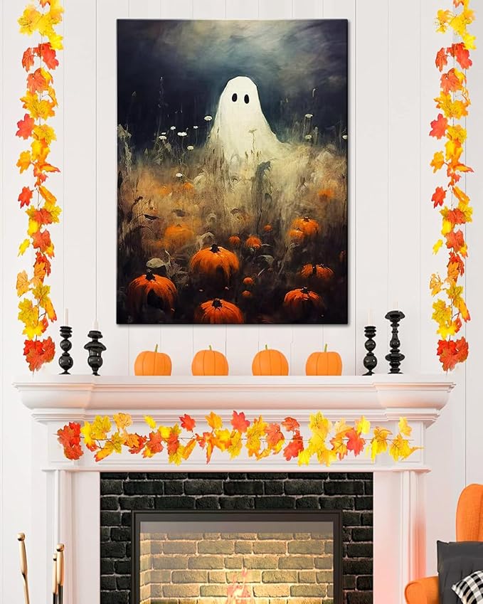 Halloween Canvas Wall Art, Spooky Ghost in Pumpkin Patch Poster, Vintage Gothic Fall Decor, Dark Academia Fall Decor for Living Room, Framed Indoor Halloween Decorations-Ruum Studio Home