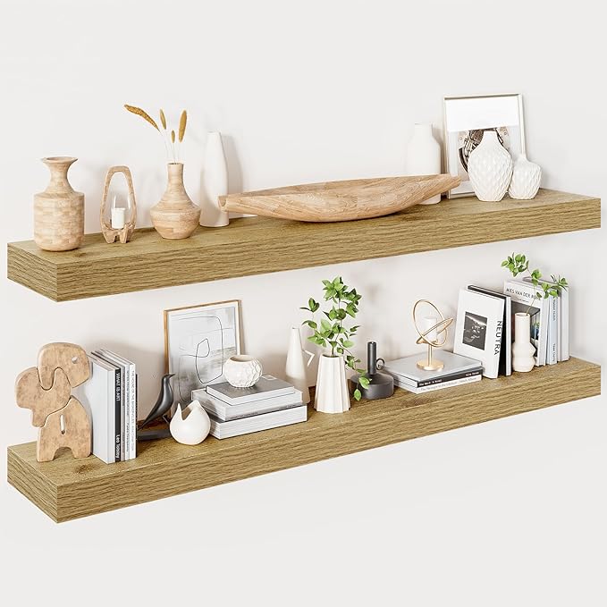 Heimlove Floating Shelves for Wall 48 Inches Long,9.3" Deep Oak Floating Shelf Set of 2,Wall Mounted Wood Shelves for Bathroom Bedroom Living Room Kitchen Office,Shelf for Books Storage Room Decor-Ruum Studio Home