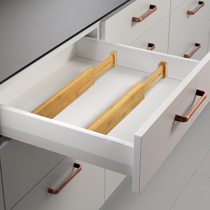 VaeFae 6-Pack Bamboo Drawer Dividers – Adjustable 14"-19.1" (Fits 15"-18" Drawers ONLY), Spring-Loaded Expandable Organizer for Kitchen, Bedroom, Office & Bathroom, MUST MEASURE Before Purchase-Ruum Studio Home